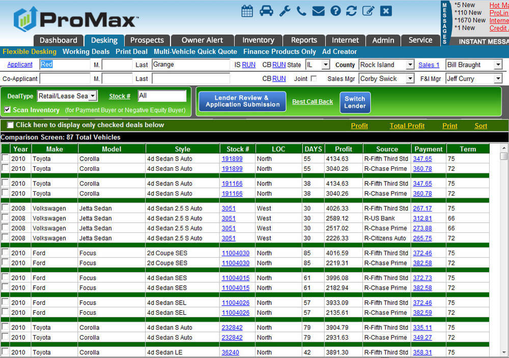 Deal search in ProMax automotive desking tool